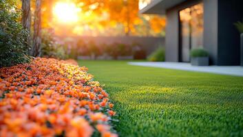 A beautiful garden with a house in the background. The garden is full of orange flowers and the grass is green. The sun is shining brightly, creating a warm and inviting atmosphere photo