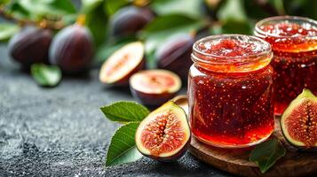 A jar of jelly sits on a wooden table with a bunch of figs and leaves. The jelly is a deep red color and the figs are ripe and ready to eat. The scene is inviting and appetizing, with the figs photo