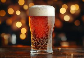 A glass of beer is sitting on a wooden table. The bubbles in the beer are rising to the top, creating a frothy texture. Concept of relaxation and enjoyment photo