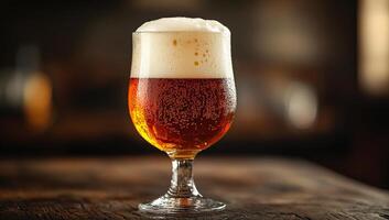 A glass of beer is sitting on a wooden table. The glass is half full and has foam on top. Concept of relaxation and enjoyment, as the beer is a popular beverage for unwinding and socializing photo
