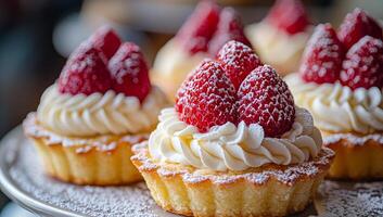 Three small cupcakes with whipped cream and strawberries on top. The strawberries are sprinkled with powdered sugar photo