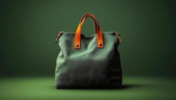 A green and orange purse is displayed on a green background. The purse is made of leather and has a gold zipper. The purse is sitting on a table, and it looks like it's ready to be used photo
