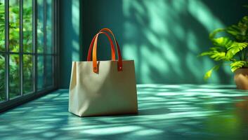 A tan and orange purse is sitting on a green floor. The purse is placed in front of a window, which is letting in sunlight. The scene has a bright and cheerful mood photo