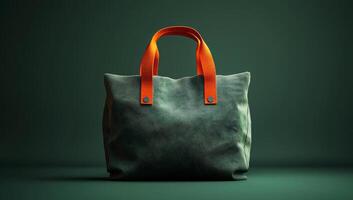A green purse with an orange strap is displayed on a green background. The purse is made of leather and has a unique design. Concept of luxury and sophistication photo