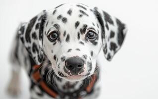 A black and white dog with a brown collar is looking at the camera. The dog is wearing a harness and he is a Dalmatian photo