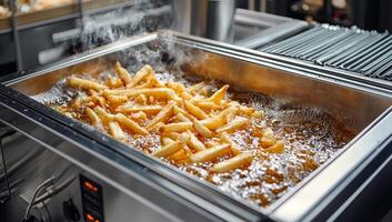 A pan of french fries is being fried in a large pan. The pan is filled with oil and the fries are being cooked photo