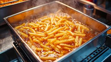A pan of french fries is being cooked in a large pan of oil. The oil is bubbling and the fries are sizzling photo
