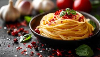 A plate of spaghetti with red pepper flakes and basil on top. The plate is on a black table with some garlic and tomatoes photo