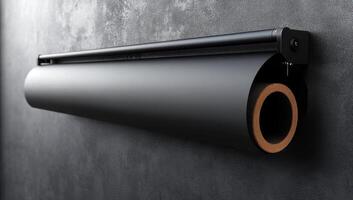 A black roll of paper is hanging on a wall. The roll is made of a material that is not paper, but it looks like it photo