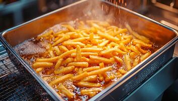 A pan of french fries is being cooked in a fryer. The fries are golden brown and appear to be crispy. The fryer is hot and steam is rising from it photo