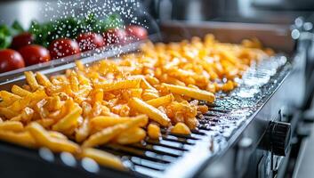 A plate of french fries is being cooked on a grill. The fries are being sprinkled with salt photo
