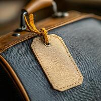A brown leather suitcase with a yellow tag on it. The tag is attached to the handle of the suitcase photo