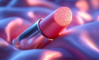 A pink lip gloss with glitter on it is sitting on a purple fabric. The glitter adds a touch of sparkle and glamour to the lip gloss, making it look more appealing and luxurious photo