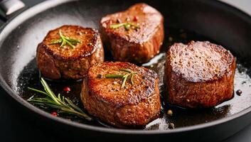 Four pieces of meat are cooking in a pan with herbs and spices. The meat is brown and looks delicious photo