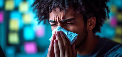 A man with a tissue in his hand, looking at the camera. Concept of discomfort and illness photo