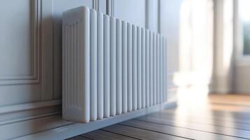 A white radiator is on the wall next to a window. The radiator is tall and has a lot of white lines. The room is bright and sunny, with the window letting in a lot of light photo