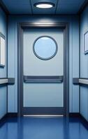 A blue hallway with a door that has a circular window. The door is open and there is a handrail on the door photo