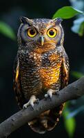 A brown owl with yellow eyes is perched on a tree branch. The owl's eyes are open and staring at the camera, creating a sense of curiosity and intrigue. The image captures a moment of stillness photo