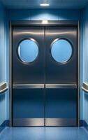 The door is blue and has a circular window in the middle. The door is made of metal and is open photo