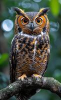 A large brown owl with yellow eyes is perched on a branch. The owl's eyes are open, and it is looking at the camera. The image has a calm and peaceful mood photo
