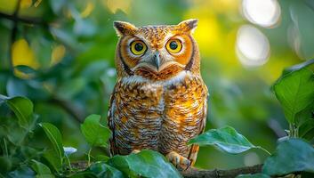 A brown owl is perched on a tree branch, looking at the camera. The image has a peaceful and serene mood, as the owl is surrounded by lush green leaves and he is enjoying its natural habitat photo