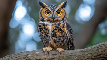 A large owl is perched on a tree branch, looking directly at the camera. The image has a serene and peaceful mood, as the owl appears to be calmly observing its surroundings photo