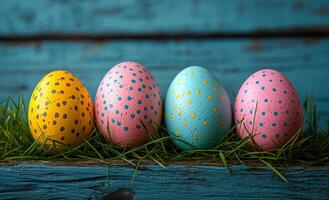 Four painted eggs with polka dots on them are sitting on a wooden surface. The eggs are of different colors, with one being yellow, one pink, and two blue. Concept of playfulness and joy photo
