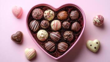 A heart-shaped box of assorted chocolates. The box is pink and has a heart shape. The chocolates are arranged in the box and are of different shapes and sizes. Concept of love and affection photo