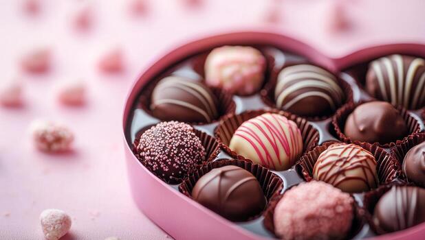 A box of assorted chocolates is arranged in a heart shape. The chocolates are of different flavors and colors, and they are all neatly arranged in the box photo