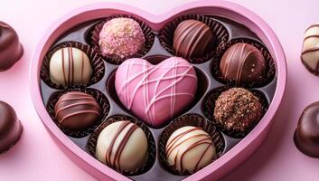 A heart-shaped box of assorted chocolates. The chocolates are arranged in a heart shape and are surrounded by pink and white photo