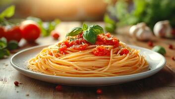 A plate of spaghetti with red sauce and basil on top. The plate is on a wooden table photo