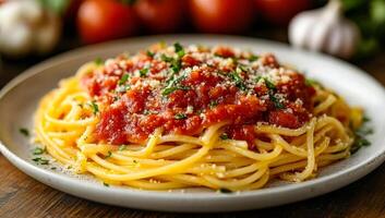 A plate of spaghetti with red sauce and cheese on top. The plate is white and the spaghetti is yellow photo