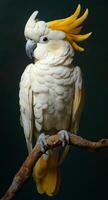 A white and yellow parrot is perched on a branch. The bird has a yellow beak and a yellow crest on its head photo