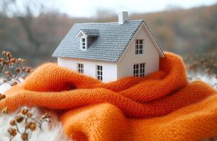 A small white house is covered in a blanket. The house is surrounded by a field of trees and bushes. The blanket is orange and covers the house completely photo