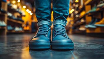 A person is standing in a shoe store with their feet on display. The shoes are black and the person is wearing blue jeans photo