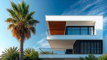 Modern architectural design with palm trees nearby. This modern house boasts sleek lines, large windows, and a vibrant palm tree under a clear blue sky. photo