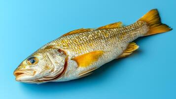 Freshly caught fish displayed on a blue surface. A whole fish with golden scales resting against a light blue background, showcasing its fresh appearance and details. photo