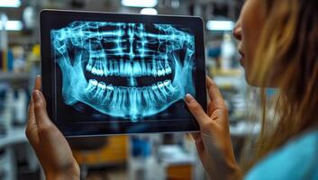 Dentist analyzing dental x-ray on tablet in clinic. A dental professional examines a detailed x-ray of teeth on a tablet in a modern dental clinic during work hours. photo