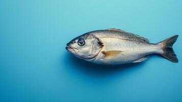 Fresh fish on blue, ready to cook. A whole fish lies on a vivid blue surface, showcasing its scales and natural colors, perfect for culinary preparation. photo