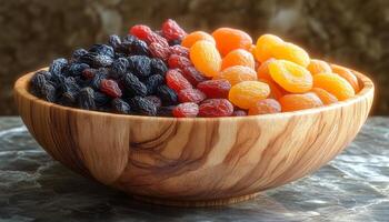 Mixed dried fruits in a wooden bowl on display. A beautiful wooden bowl filled with assorted dried fruits including raisins and apricots sits on a marble surface. photo