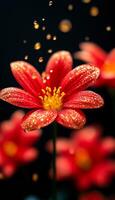 Bright red flower with droplets in dark background. A vibrant red flower with sparkling droplets stands out against a dark background, creating an enchanting effect. photo