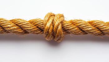 Intricate knot tied in sturdy brown rope. A close-up of a securely tied knot in thick brown rope, showcasing its texture and durability in detail. photo