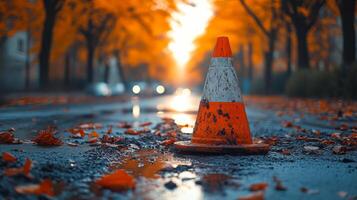 Traffic cone on a rainy autumn day in a city. A traffic cone sits on a wet road surrounded by fallen leaves as evening light creates a warm atmosphere. photo
