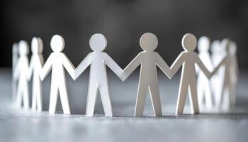 People holding hands in unity with paper cutouts. Paper cutouts of people holding hands arranged in a circle symbolize unity and togetherness. photo