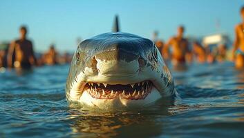 Shark encounters swimmers in clear ocean waters. A large shark swims close to beachgoers in shallow waters, creating a thrilling yet tense atmosphere. photo