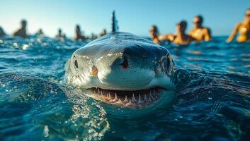 Close encounter with a shark in clear blue water. A large shark approaches swimmers in clear blue waters during a sunny day, creating an exciting underwater atmosphere. photo