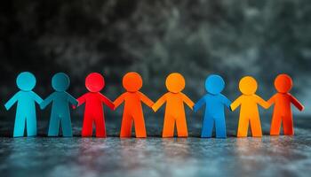 Colorful paper figures holding hands in unity. Colorful paper cutouts of people stand in a line, holding hands and symbolizing togetherness and community values. photo