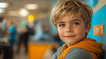 Happy boy seated indoors in a crowd. A young boy with blond hair sits and smiles while surrounded by a vibrant, busy environment with people. photo