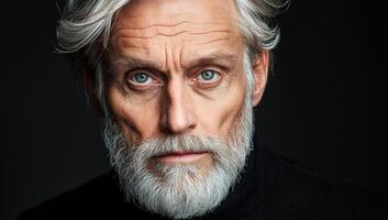 Portrait of a distinguished man with silver hair. A distinguished man with silver hair and a beard gazes sharply with deep blue eyes and a thoughtful expression. photo