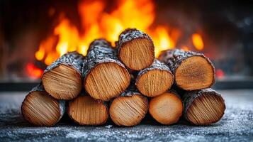 Firewood stacked for a cozy evening. Neatly arranged firewood with a vibrant fire in the background creates a warm and inviting atmosphere indoors. photo